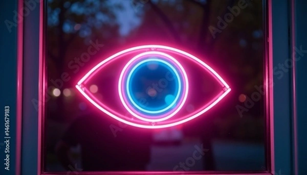 Obraz Neon eye icon glowing on a window pane at night with a blurred outdoor background