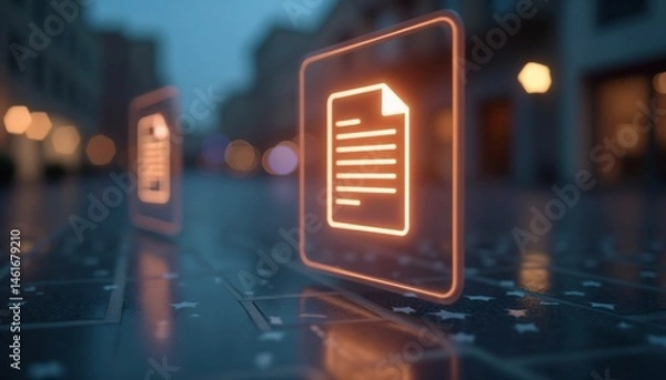 Fototapeta Glowing document icon on a transparent screen with bokeh lights in an urban setting