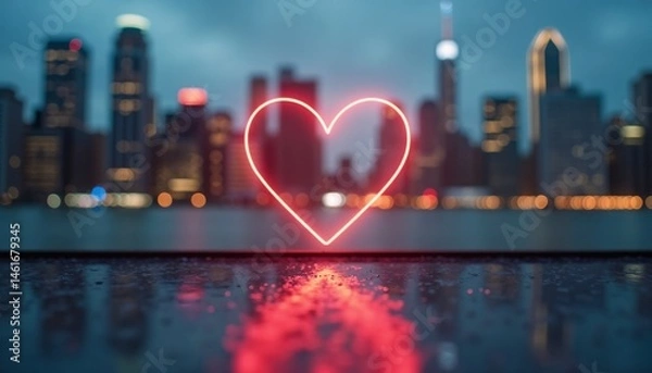 Obraz Glowing heart shape against a blurry city skyline in the evening