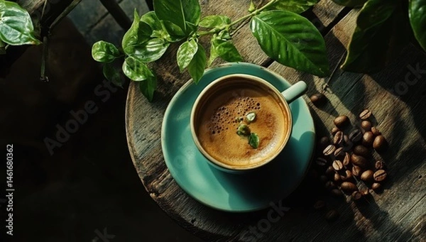 Obraz A steaming cup of espresso, cradled on a teal saucer, rests on a rustic wooden table amidst lush greenery.  Coffee beans are scattered beside the cup