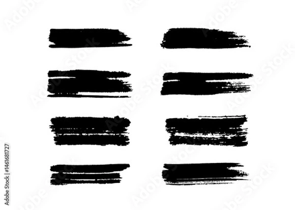 Fototapeta Paint brush stroke set, black grunge line of watercolor. Dirty uneven hand drawn stripes. Collection of horizontal silhouettes, decorative elements with torn edge, rough texture. Vector illustration
