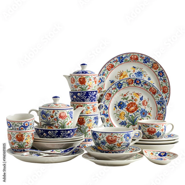 Obraz Floral Dinnerware Set Elegant Teacups Plates and Serving Dishes isolated on Transparent Background