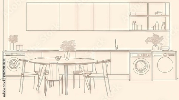 Fototapeta Modern kitchen design sketch with appliances and dining area.