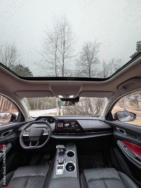 Obraz The interior view of a car featuring a sunroof and lush trees in the background
