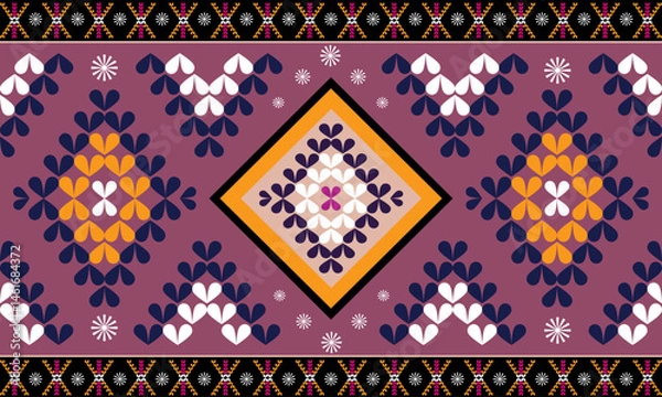 Fototapeta Ethnic boho rug with heart shaped patterns, warm magenta background, for eclectic, folk, for Capet, rug, cover fabric, table linens, and for clothing.