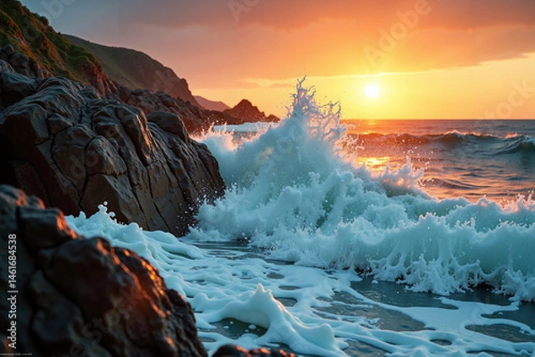 Obraz Dramatic ocean waves crash against rough, weathered rocks during a vibrant sunset.