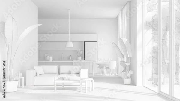 Fototapeta Monochromatic interior design rendering of a modern living area.