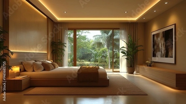 Fototapeta Spacious bedroom interior in beige and olive color. 