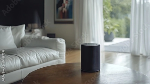 Fototapeta Modern wireless speaker on a coffee table in a living room.