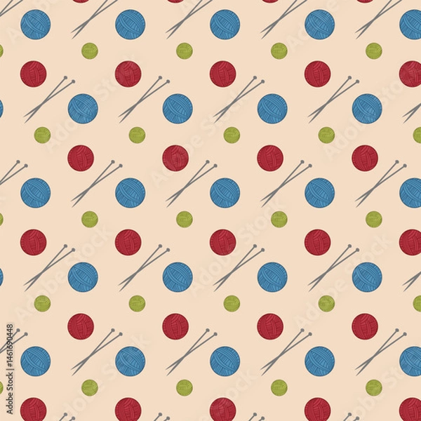 Obraz Knitting Pattern with Colorful Yarn Balls and Needles. Cozy Background Design for Wrapping Paper, Textile Prints, DIY Craft Projects, Knitting Blog Illustrations, and Handmade Product Packaging