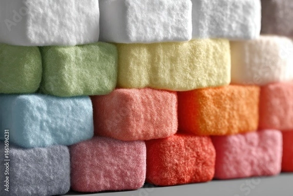 Fototapeta A colorful stack of square marshmallows, with a soft and sweet texture, perfect for hot chocolate, adding a fun and playful touch to any dessert or snack.