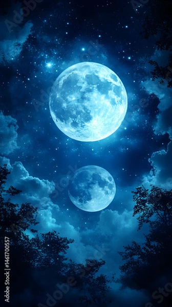 Fototapeta Two luminous moons, partially obscured by clouds and silhouetted trees, shine brightly in a star-studded night sky