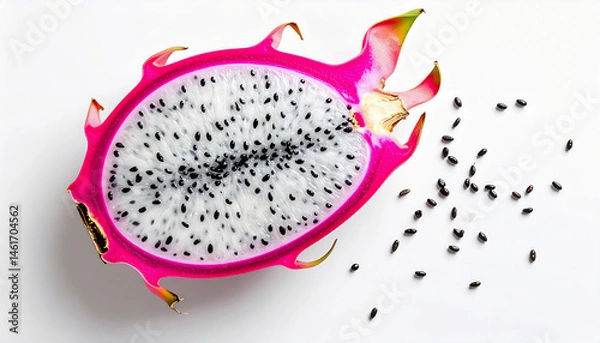 Fototapeta Dragon Fruit Halves with Scattered Seeds Flat Lay isolated on white