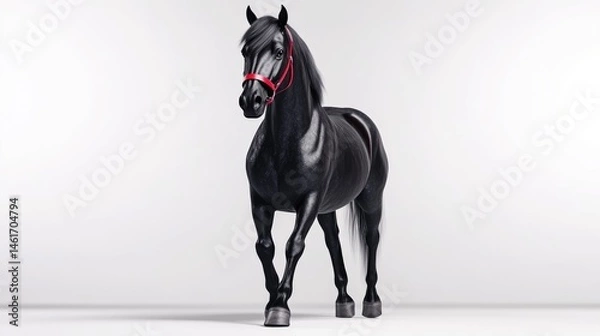 Fototapeta Black Horse with Red Bridle, Minimalist Style, High-Definition Render, Front View, Glossy Coat, Standing Pose, Studio Setting, Dark Moody Tones, Ideal for Equestrian Ads