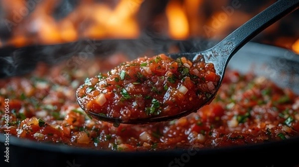 Fototapeta Spicy Salsa Cooking on Fire: A Delicious Red Sauce Recipe
