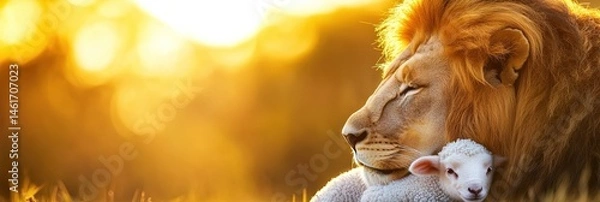 Fototapeta lion and lamb - symbols of faith in the strong protecting the weak