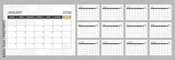 Fototapeta 2026 monthly blank calendar planner schedule with week starts on Monday