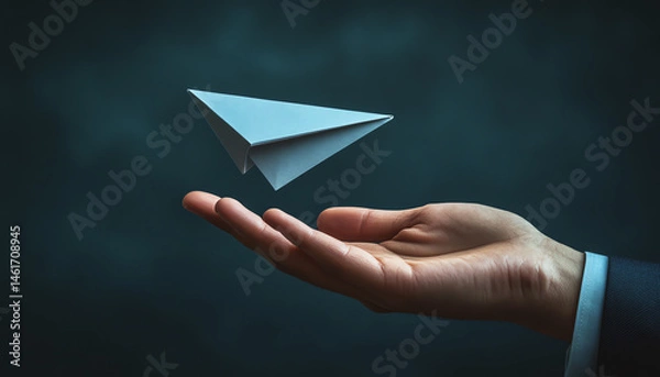 Obraz A hand holding a paper airplane symbolizing creativity and innovation in business and teamwork.