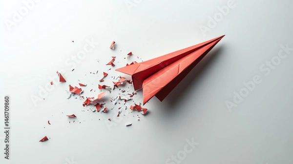 Obraz A vibrant red paper airplane with crumpled paper debris, symbolizing creativity and imagination in leisure activities.