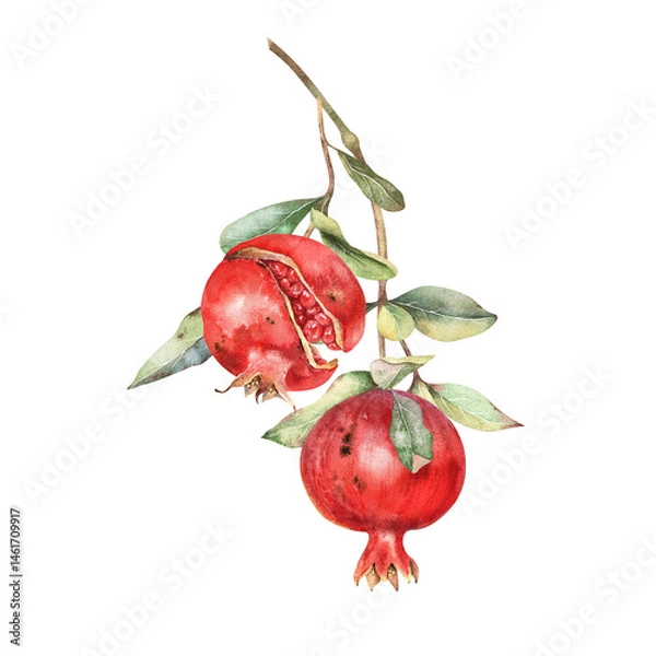 Obraz Red pomegranates with green leaves on tree brunch. Hand drawn illustration isolated on white. Ripe fruits, foliage, stem, realistic sketch. Summer tropical design, harvest, garden, wall art.