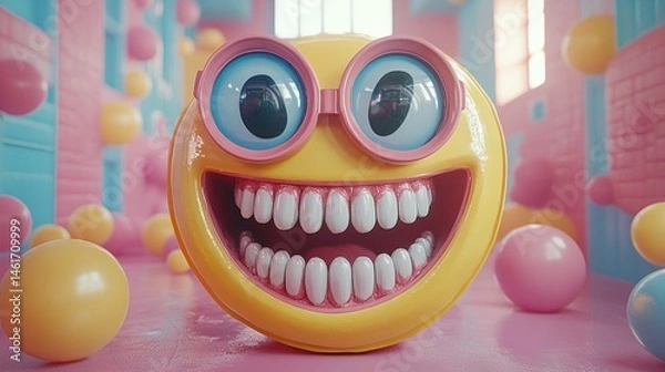 Fototapeta Giggles and glee in a candy-colored world: A 3D rendering of a joyful emoticon in a playful pastel setting.