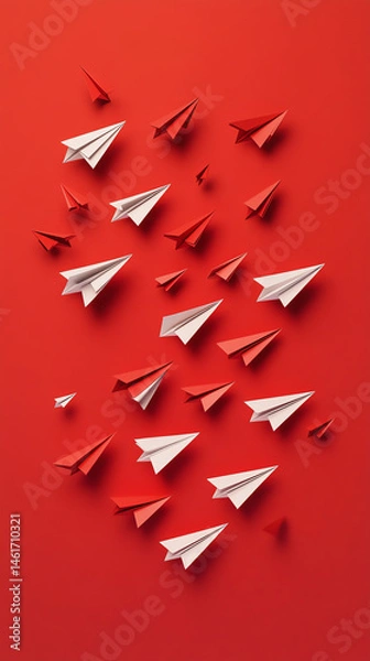 Obraz Colorful paper airplanes in flight against a vibrant red backdrop, symbolizing creativity and freedom.