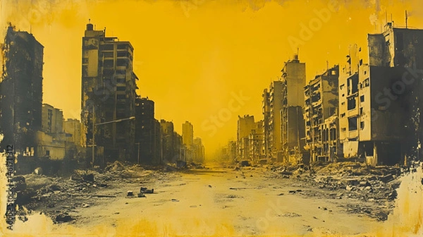 Fototapeta Desolate cityscape after a conflict, buildings in ruins, a barren street stretches into the distance, bathed in a hazy, apocalyptic yellow light