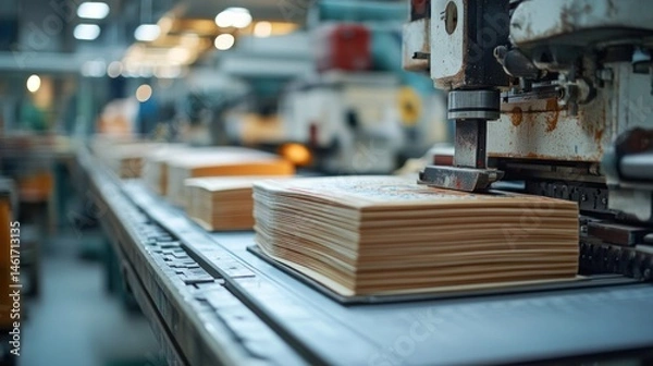 Fototapeta Industrial Bookbinding: A Close-Up View of a Modern Printing Press in Action, Stack of Books on Conveyor Belt