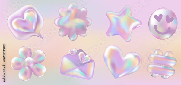 Fototapeta 3d holographic retro 90 stickers set. Pink Chrome Envelope, Hashtag, Like, Star, Daisy Flowers, Smile, Heart in Y2K style on gradient template. Future galaxy aesthetic, 3D chrome bubble art. 
