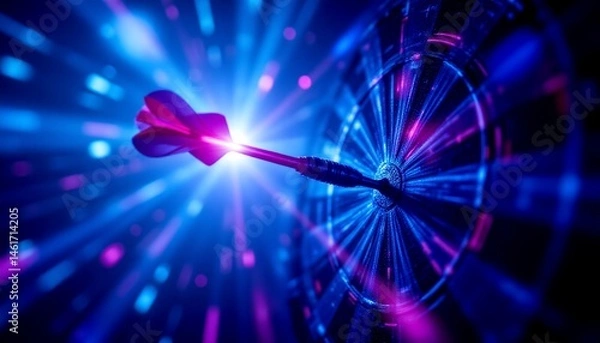 Fototapeta a close up view of an arrow shot through a haze of laser beams and light effects, set against a backdrop that appears to be a neon lit room with blue lighting, suggesting a futuristic or high tech atm