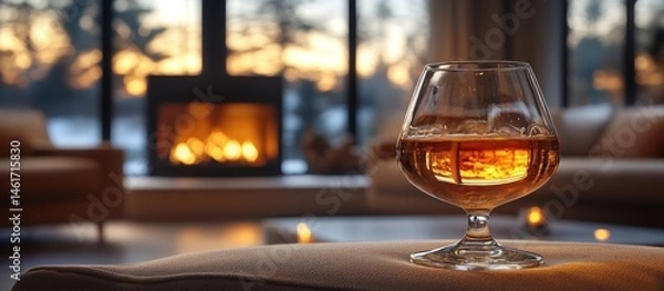 Fototapeta Cozy Evening by the Fireplace: A Glass of Amber Liquid
