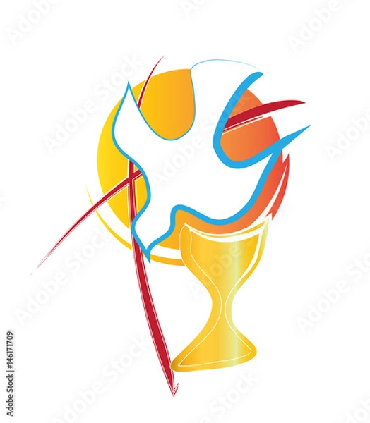 Fototapeta Eucharist symbol with chalice, Holy Spirit dove and a cross. First Holy Communion vector abstract illustration.