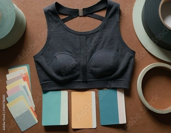 Obraz Stylish black sports bra surrounded by color swatches on a textured background.