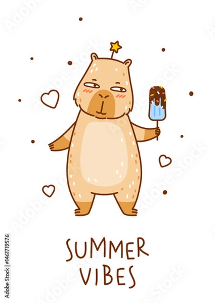 Obraz Cute сartoon capybara with ice cream isolated on white background - funny animal for Your happy summer greeting card design