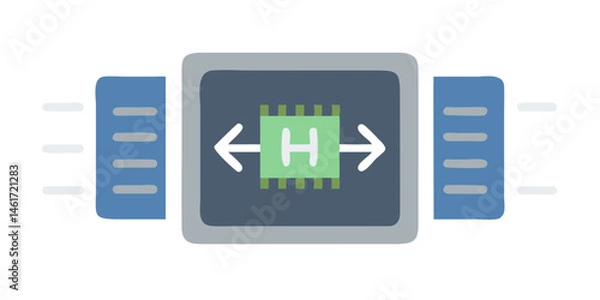 Fototapeta Microchip with arrows and green circuitry in tech badge style