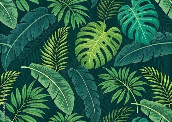 Fototapeta Tropical jungle leaves pattern, banana and monstera leaves, vivid green color scheme, seamless design