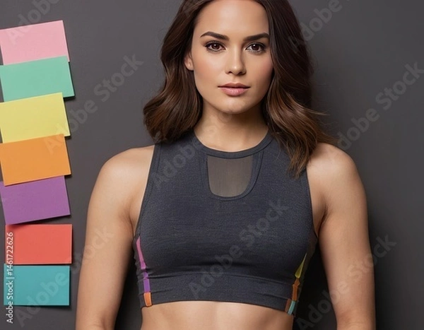 Obraz Confident Latina woman in sporty wear posing against a colorful backdrop