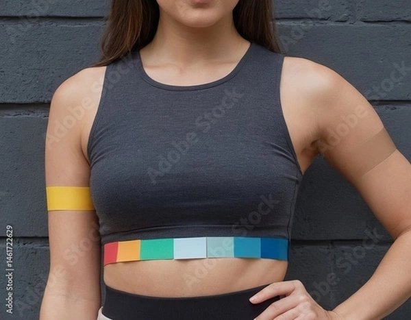 Obraz A young woman showcasing a color palette on her midsection against a grey wall.