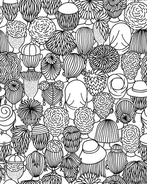 Obraz Seamless Vector Pattern of Diverse Doodle Crowd in Black and White – Back View Illustration