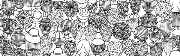 Obraz Seamless Vector Banner of Diverse Doodle Crowd in Black and White – Back View Illustration