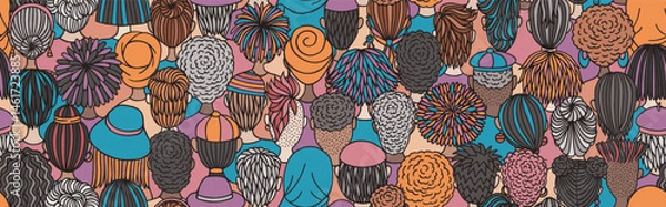Obraz Seamless Vector Banner of Diverse Doodle Crowd – Back View Illustration