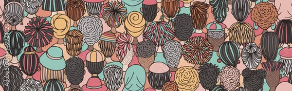Obraz Seamless Vector Banner of Diverse Doodle Crowd – Back View Illustration