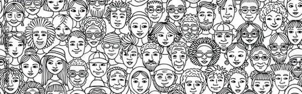 Obraz Seamless Hand-Drawn Vector Banner of Diverse Doodle Faces in Black and White