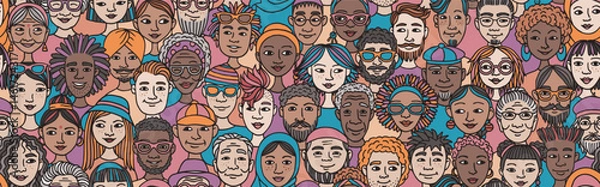 Obraz Seamless Hand-Drawn Vector Banner of Diverse Doodle Faces