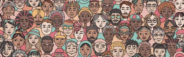Obraz Seamless Hand-Drawn Vector Banner of Diverse Doodle Faces
