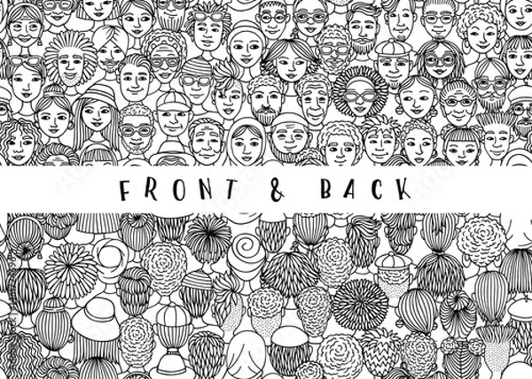 Obraz Seamless Hand Drawn Vector Banner of Diverse Doodle Faces in Black and White – Front and Back View Illustration