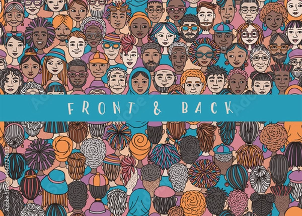Obraz Seamless Hand Drawn Vector Banner of Diverse Doodle Faces – Front and Back View Illustration