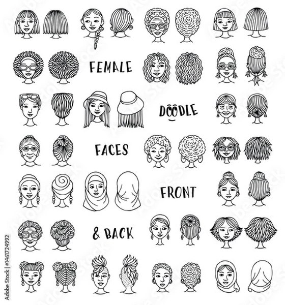 Obraz Hand-Drawn Female Doodle Faces in Black and White – Front and Back Vector Illustration Set