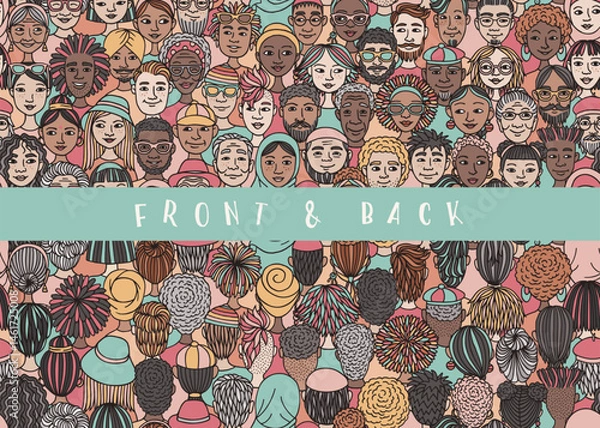 Obraz Seamless Hand Drawn Vector Banner of Diverse Doodle Faces – Front and Back View Illustration
