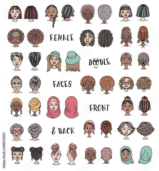 Obraz Collection of Hand Drawn Female Doodle Faces – Front and Back Vector Illustration Set